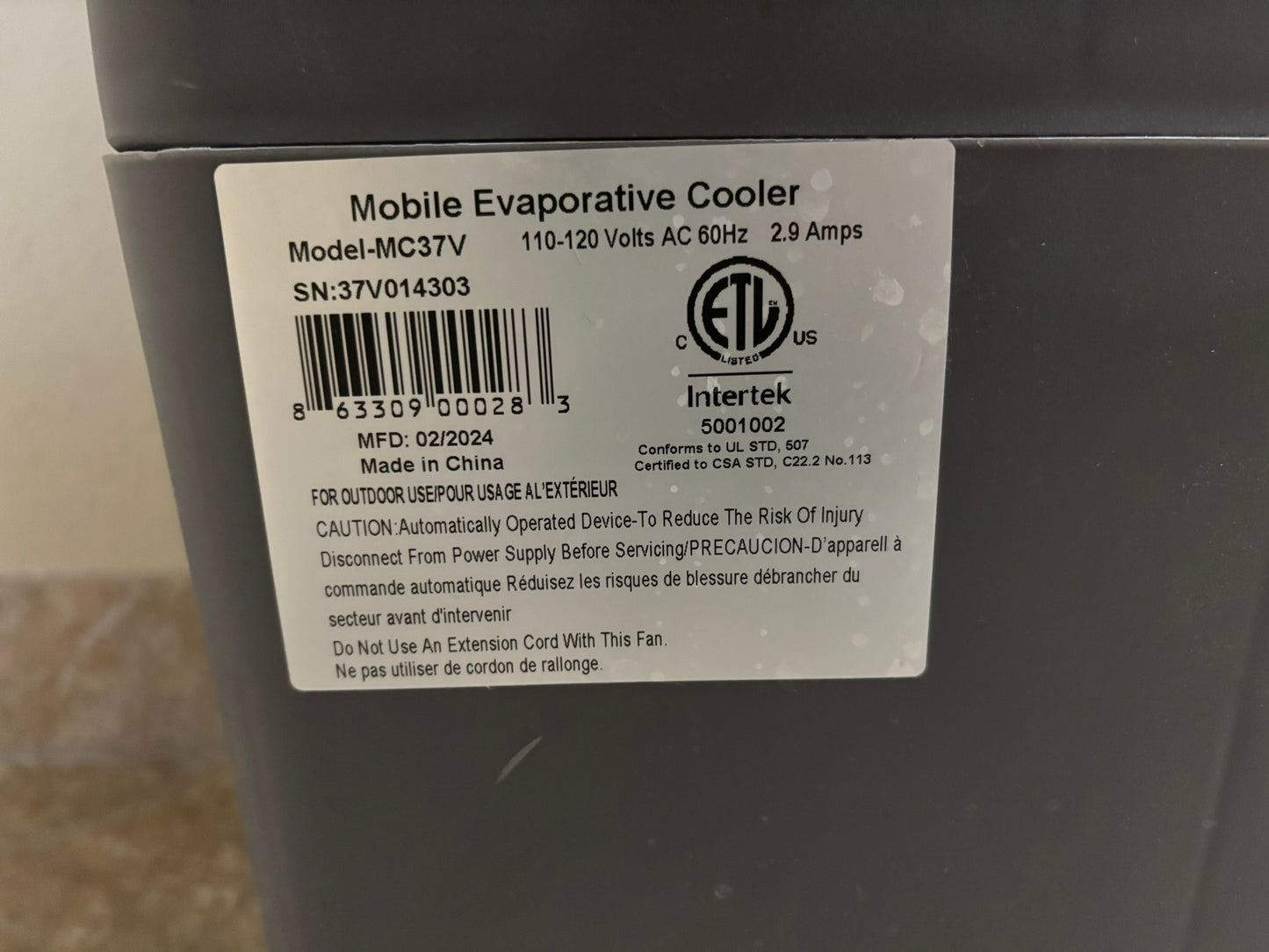 Hessaire MC37V Evaporative Cooler / Swamp Cooler, Gray 3100 CFM (Local Pick)