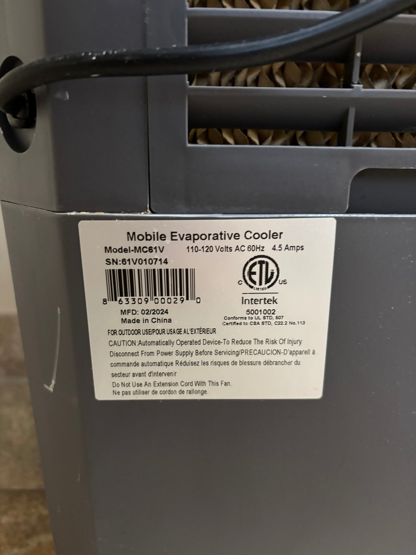 Hessaire MC61V Evaporative Cooler / Swamp Cooler, Gray 5300 CFM (Local Pick)