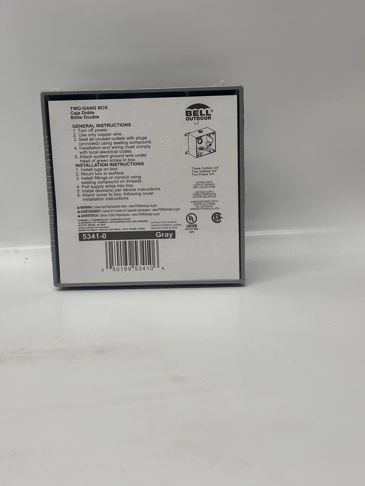 12 PK Bell 5341-0 2-Gang Weatherproof Box with Three 3/4-Inch Threaded Hubs