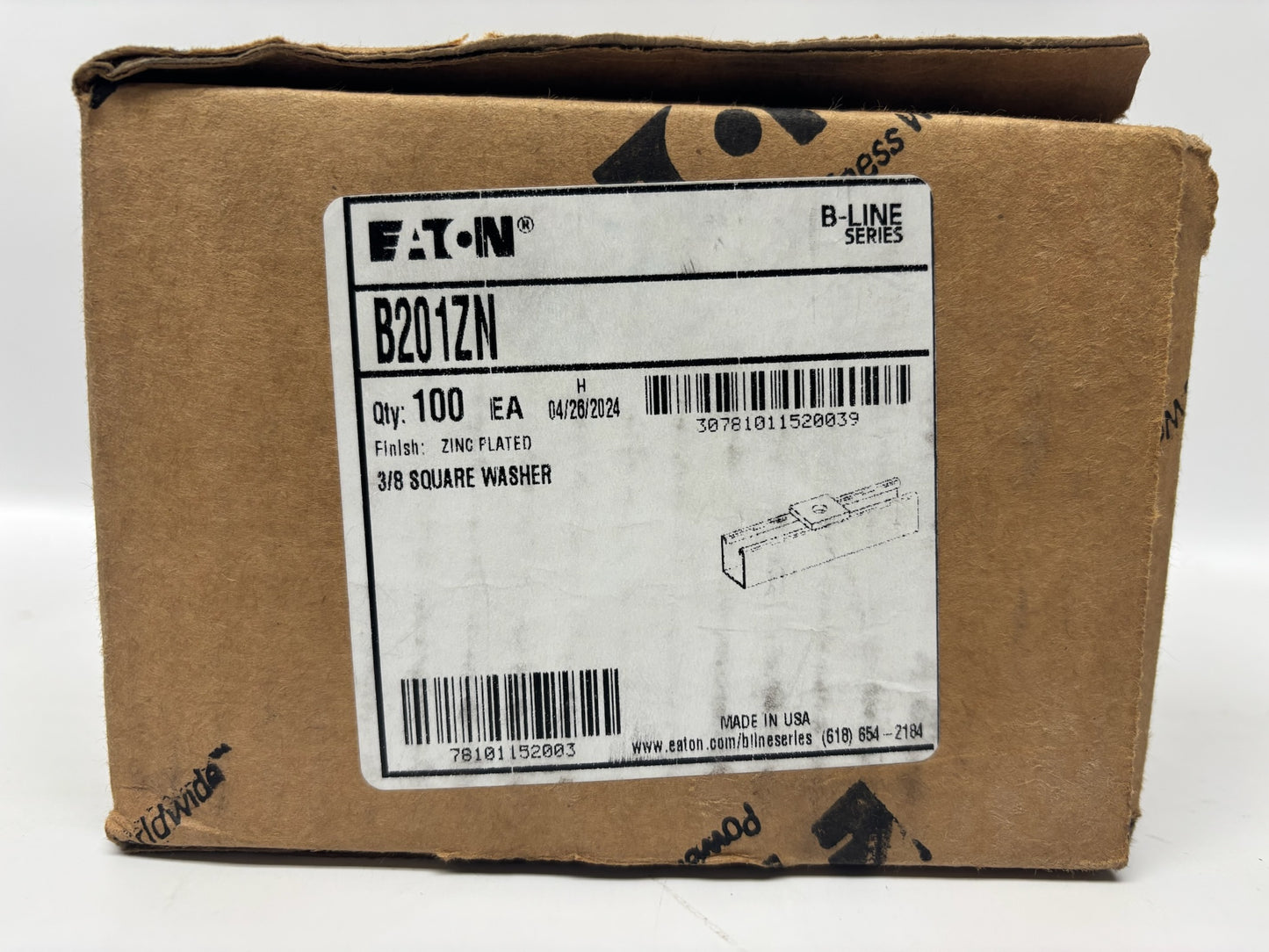 100 PK Eaton B201ZN Square Zinc-Coated Strut Washer for 3/8-Inch Bolts