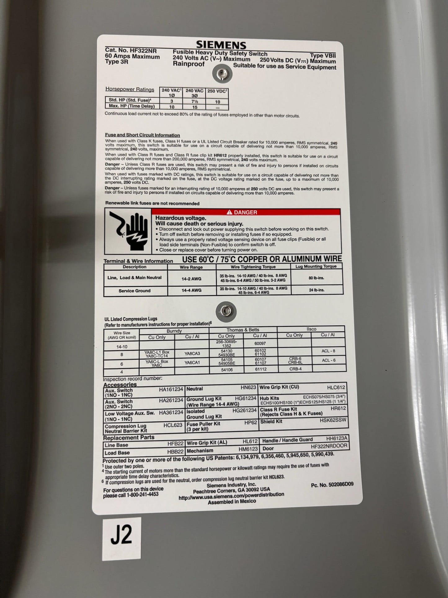 Siemens Type 3 HF322NR Heavy Duty Safety Switch 60A-240V-250VDC