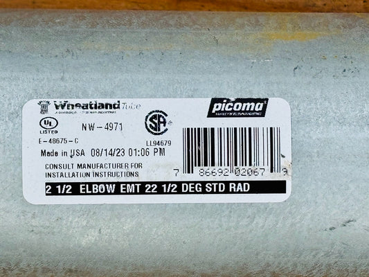 4 Pk Wheatland 2‑1/2" 22.5° Standard‑Radius EMT Elbow (Local Pick Up)