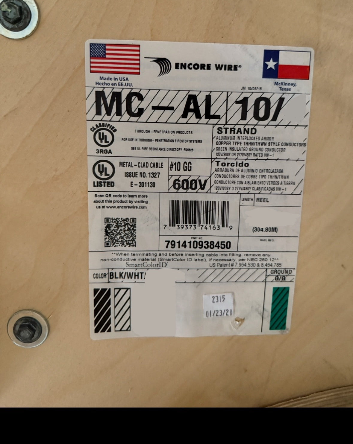 100' Aluminum 10/4 MC-Cable Stranded Copper-BL,W,R,BE Conductors (100')