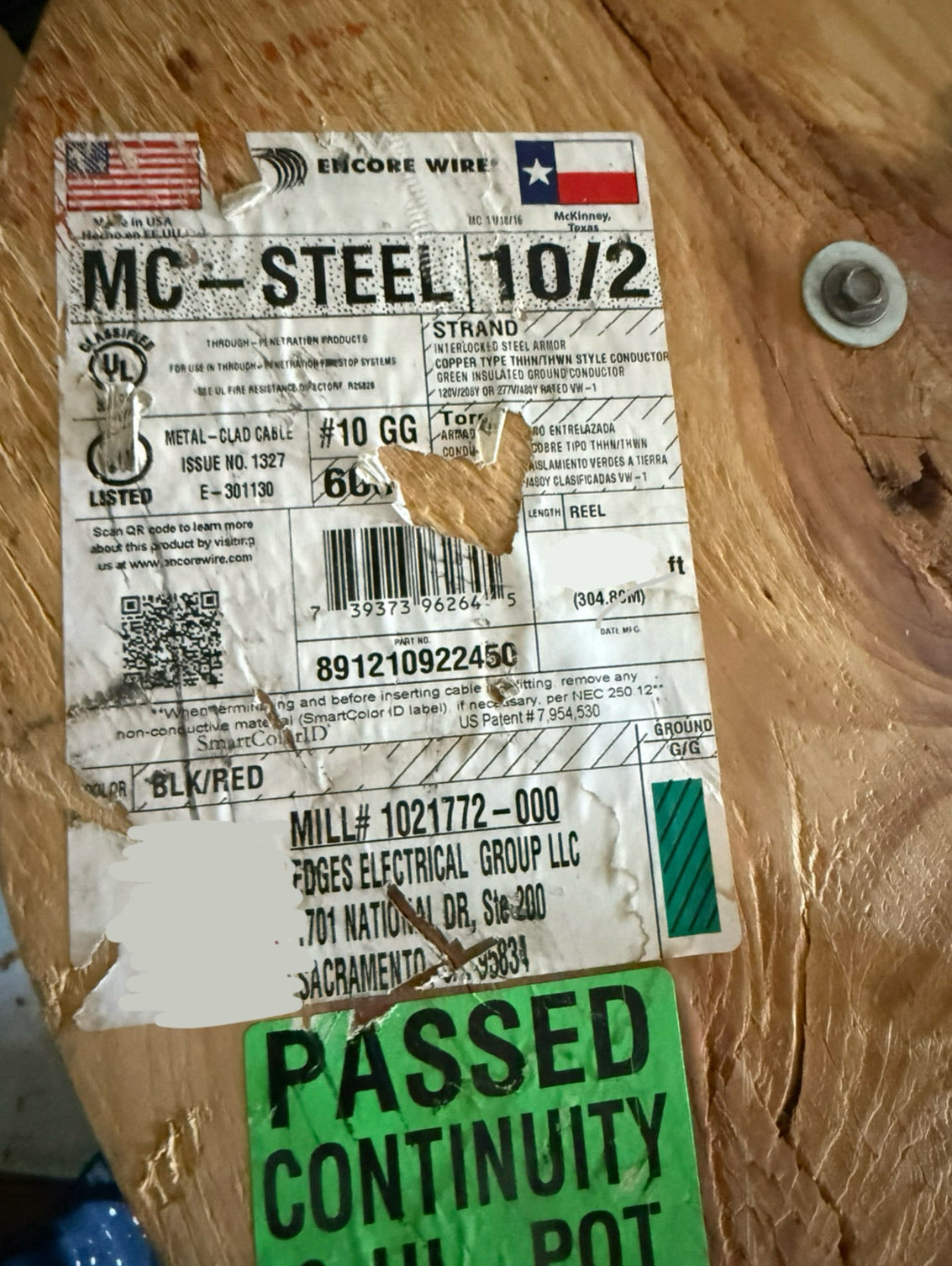 Steel MC-Cable 10/2 Strand Copper-Black, White Conductors (900')