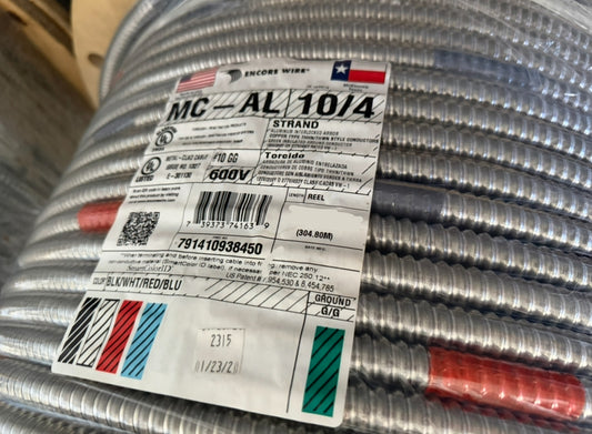100' Aluminum 10/4 MC-Cable Stranded Copper-BL,W,R,BE Conductors (100')