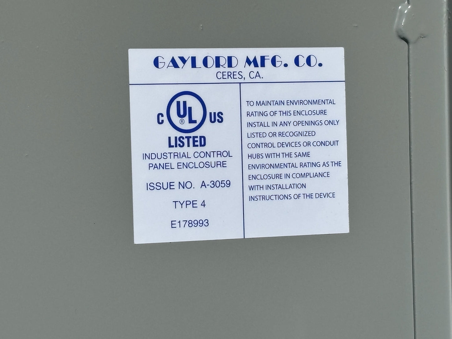 GayLord A-3059 (E178993) 12x30x48 Junction Box