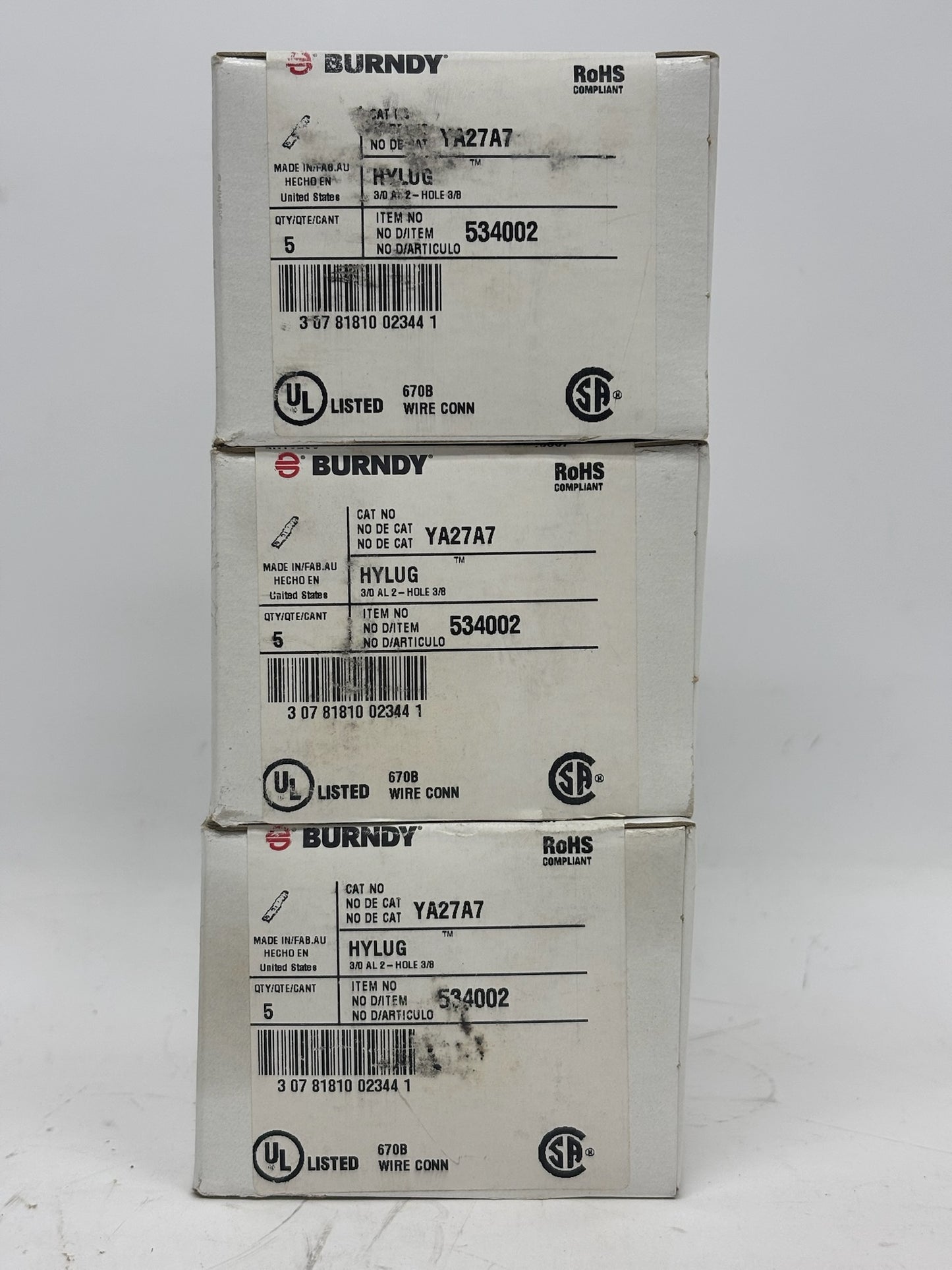 15 PK Burndy YA27A7 2-Hole Compression Lug, 3/0 AWG, 3/8″ Stud, Tin-Plated