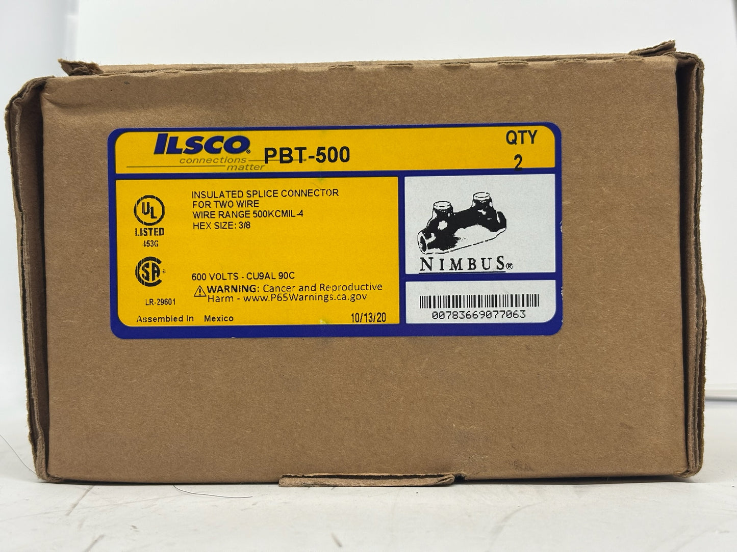2 PK Ilsco PBT-500 Dual-Rated Insulated In-Line Splicer/Reducer, 4 AWG–500 kcmil