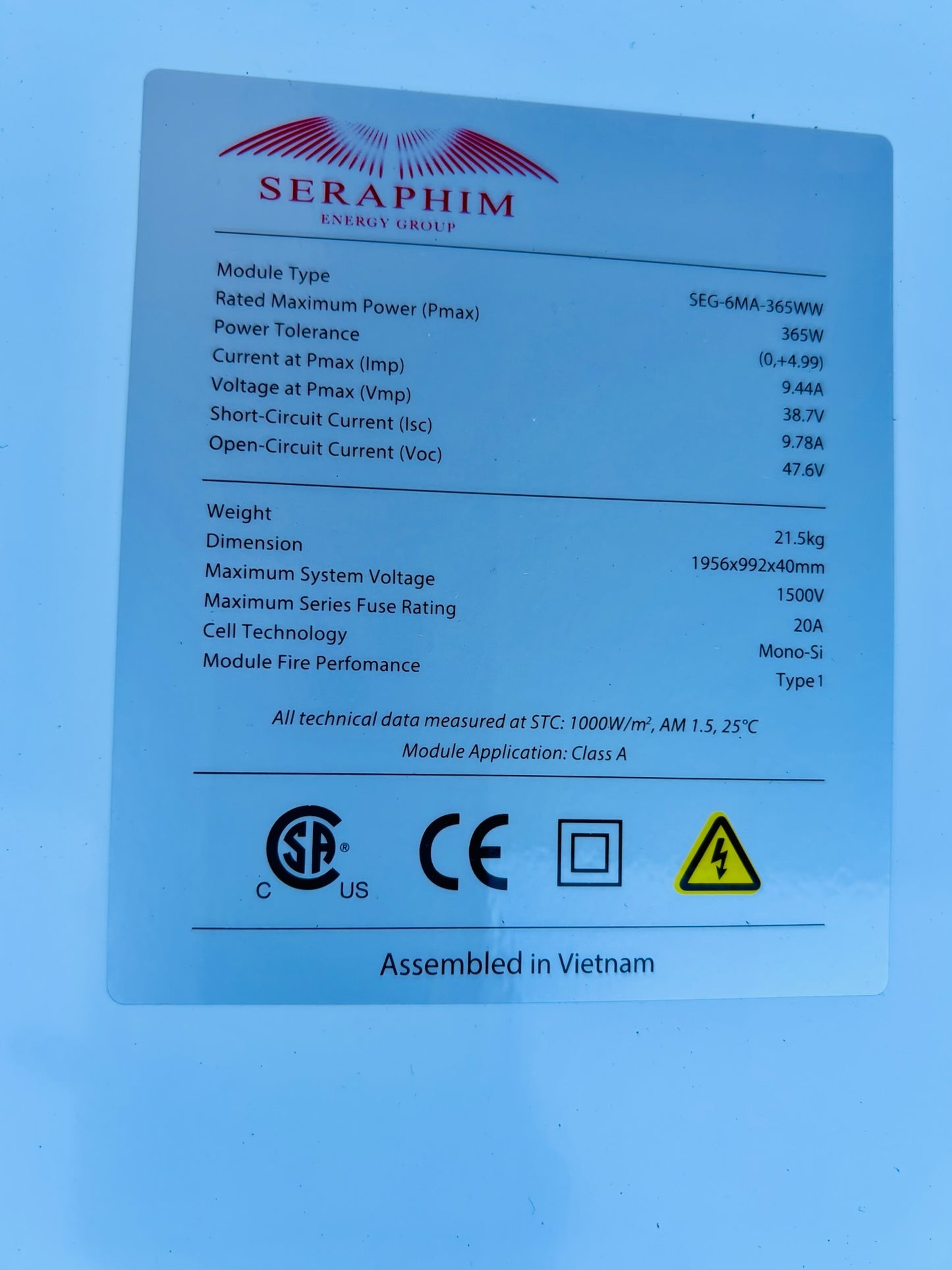 28 Pc Seraphim SEG-6MA-365WW — 365W Monocrystalline Solar Panel Module