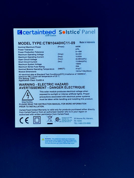 4 Pc CertainTeed Solstice™ CTM10440HC11-09 440W Monocrystalline Solar Panel
