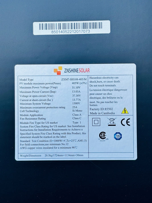 2 Pk ZNShineSolar ZXM7-SH108-405M 405W Monocrystalline Solar Panel