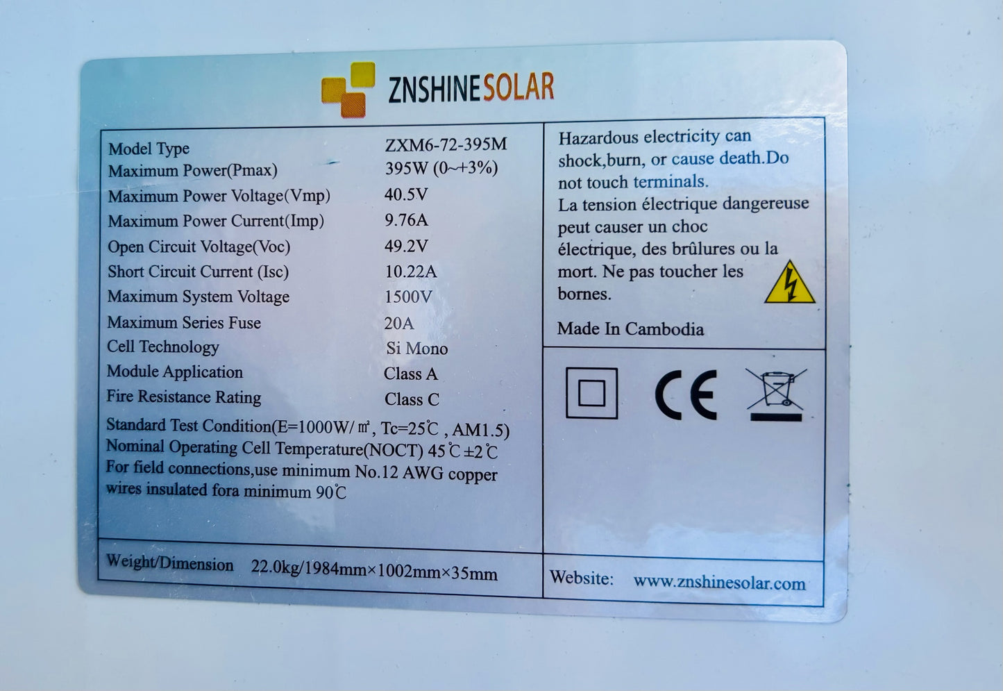 30 Pcs ZNShine Solar ZXM6-72-395M 395W Monocrystalline Solar Panel (Local)