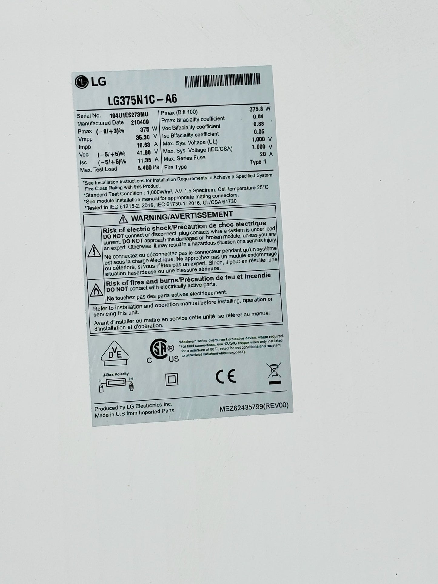 LG375N1C-A6 375W Monocrystalline Solar Panel – LG NeON 2 (Local Pick Up)