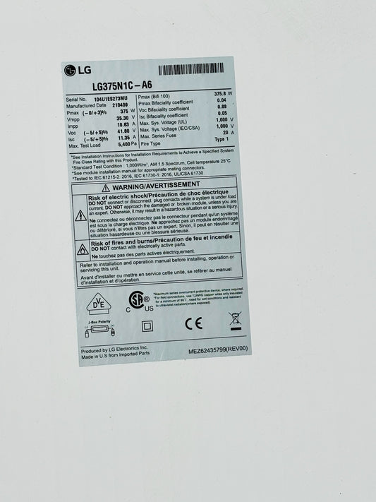 LG375N1C-A6 375W Monocrystalline Solar Panel – LG NeON 2 (Local Pick Up)