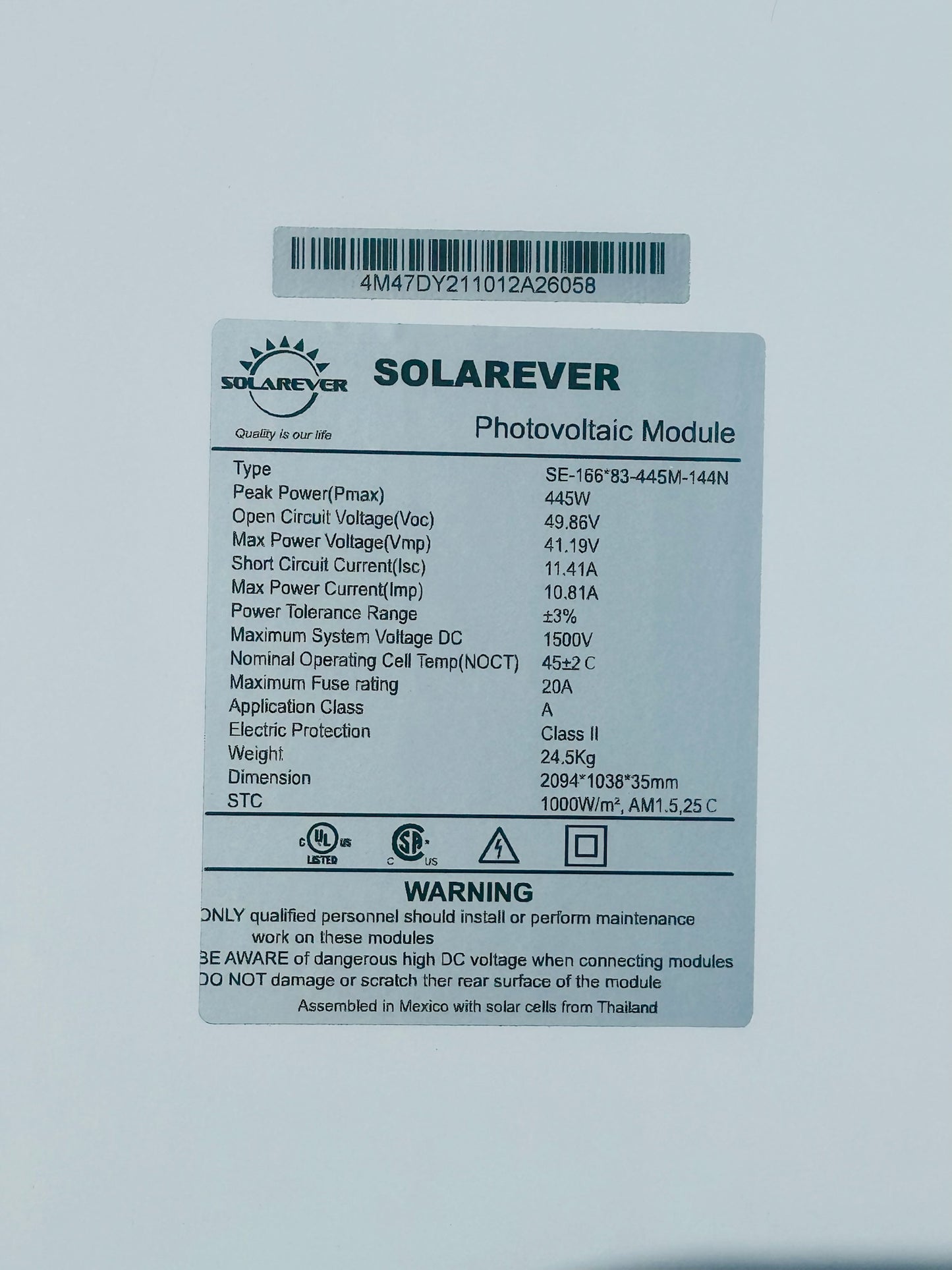 Solarever SE-166*83-445M-144N 445W Monocrystalline Solar Panel