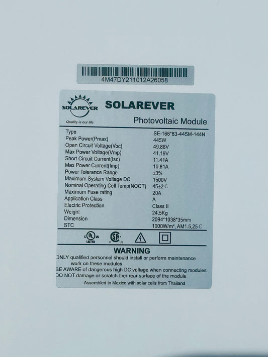 2 PC Solarever SE-166*83-445M-144N 445W Monocrystalline Solar Panel