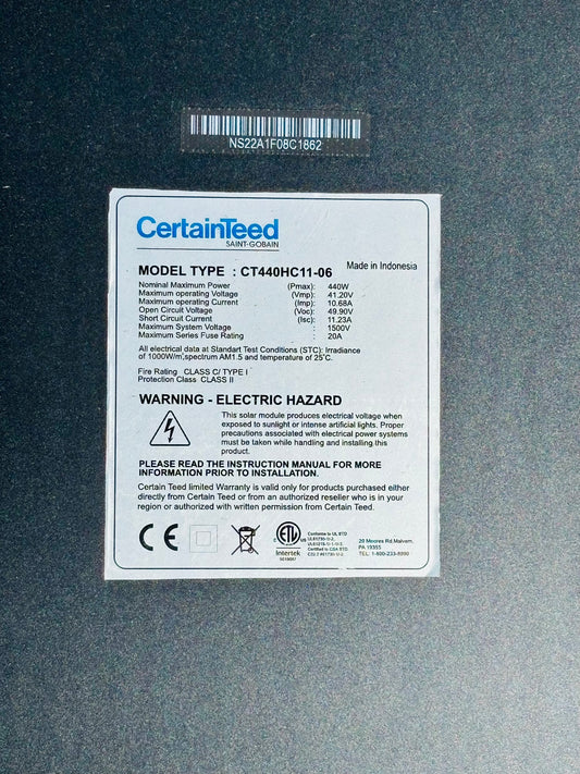 CertainTeed CT440HC11-06 440W Monocrystalline Solar Panel