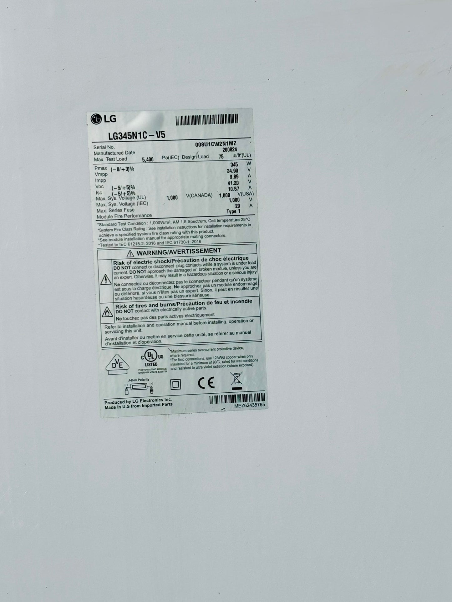 LG345N1C-V5 345W Monocrystalline Solar Panel (Local Pick Up)