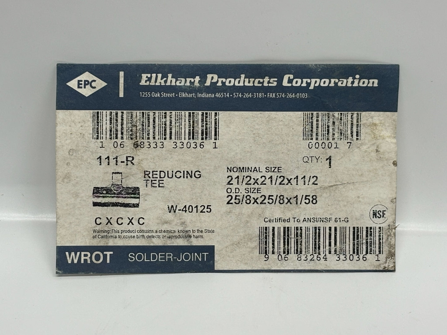 2PK EPC W-40125 Copper Reducing Tee 2-1/2" x 2-1/2" x 1-1/2", 700 PSI Solder Fit