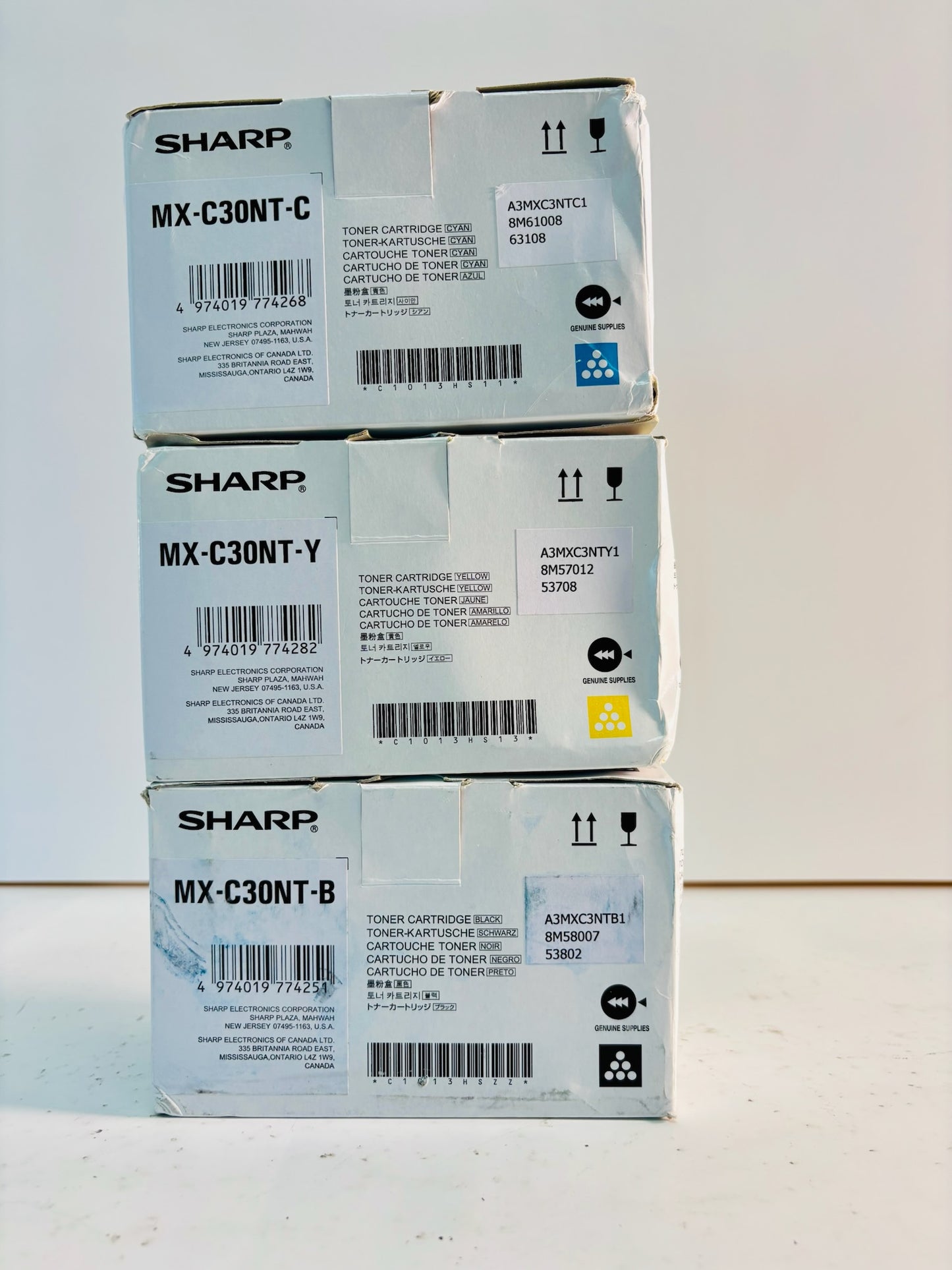 3 Genuine Sharp MX-C250, MX-C300P Cyan, Yellow, Black Toner MX-C30NT