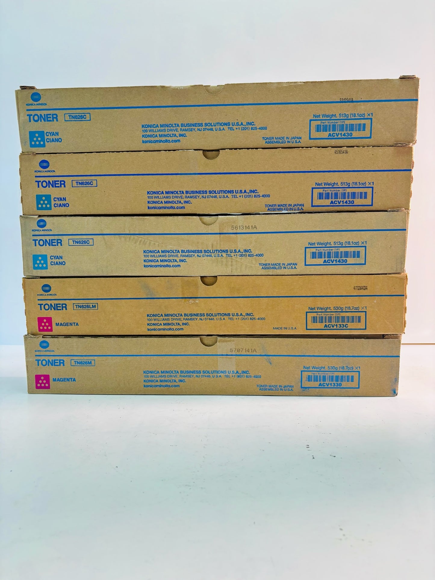 5 Genuine Cosmetic Konica Minolta BH C450i, C451i Cyan & Magenta Toner TN626