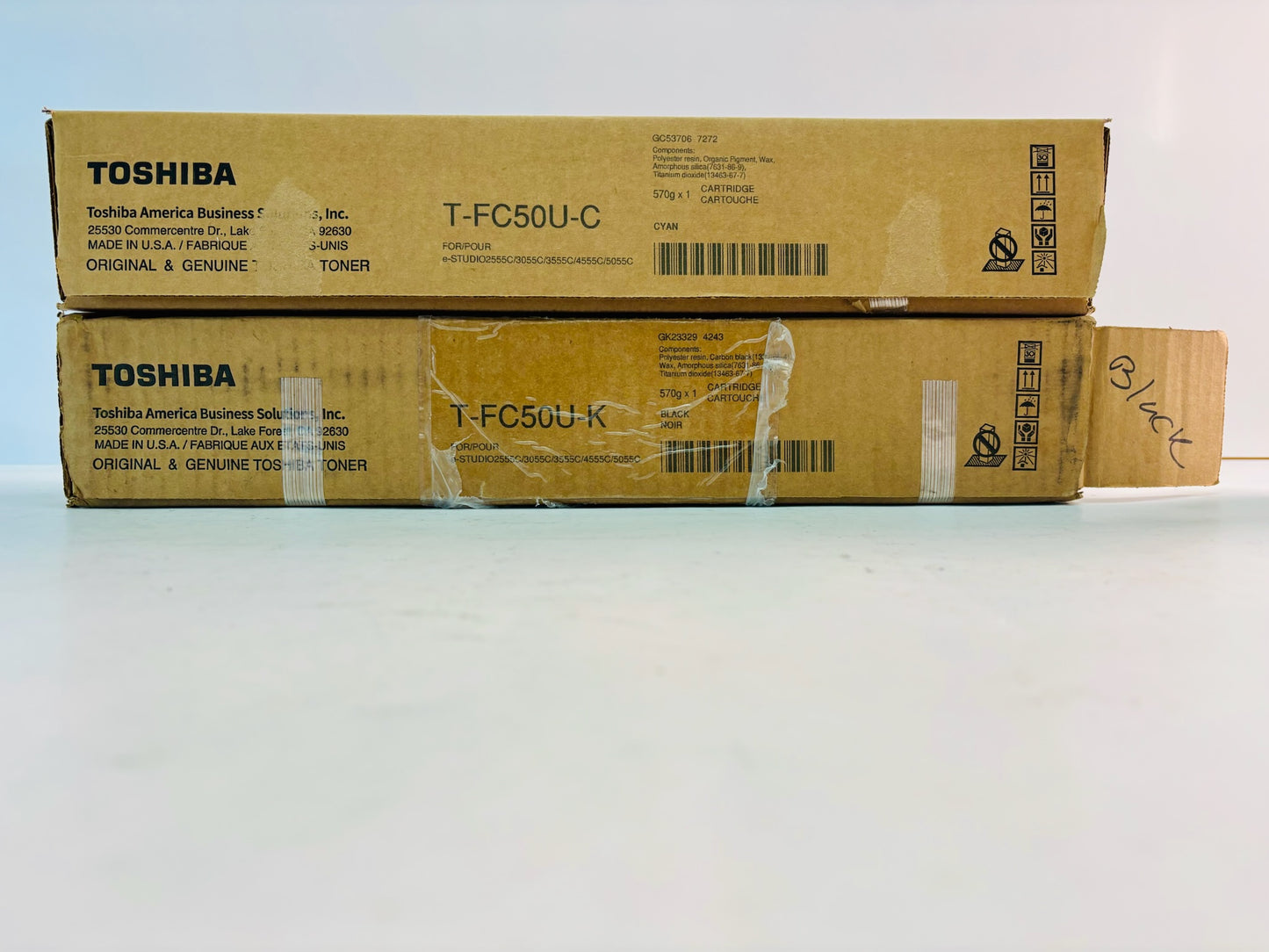 2 Open Genuine Toshiba E STUDIO 2555C, 3055C Cyan & Black Toner T-FC50U (no tabs)