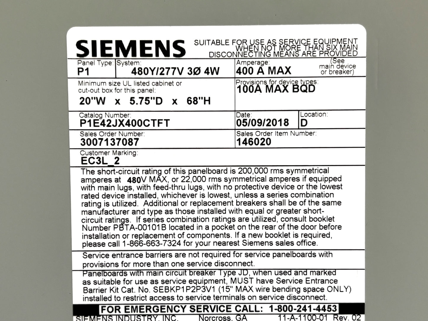 Siemens P1E42JX400CTFT 400 Amp 480Y/277V Panelboard Interior with Breakers