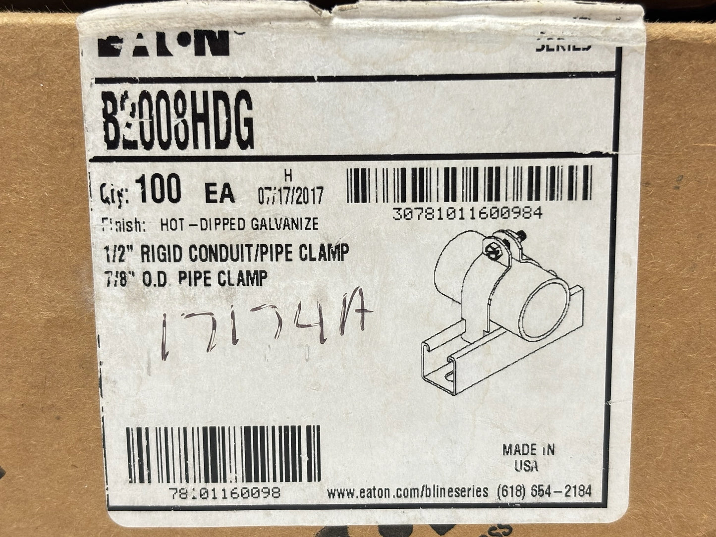 100 PK B-Line B2008HDG ½″ Rigid Conduit Clamp, Steel HDG