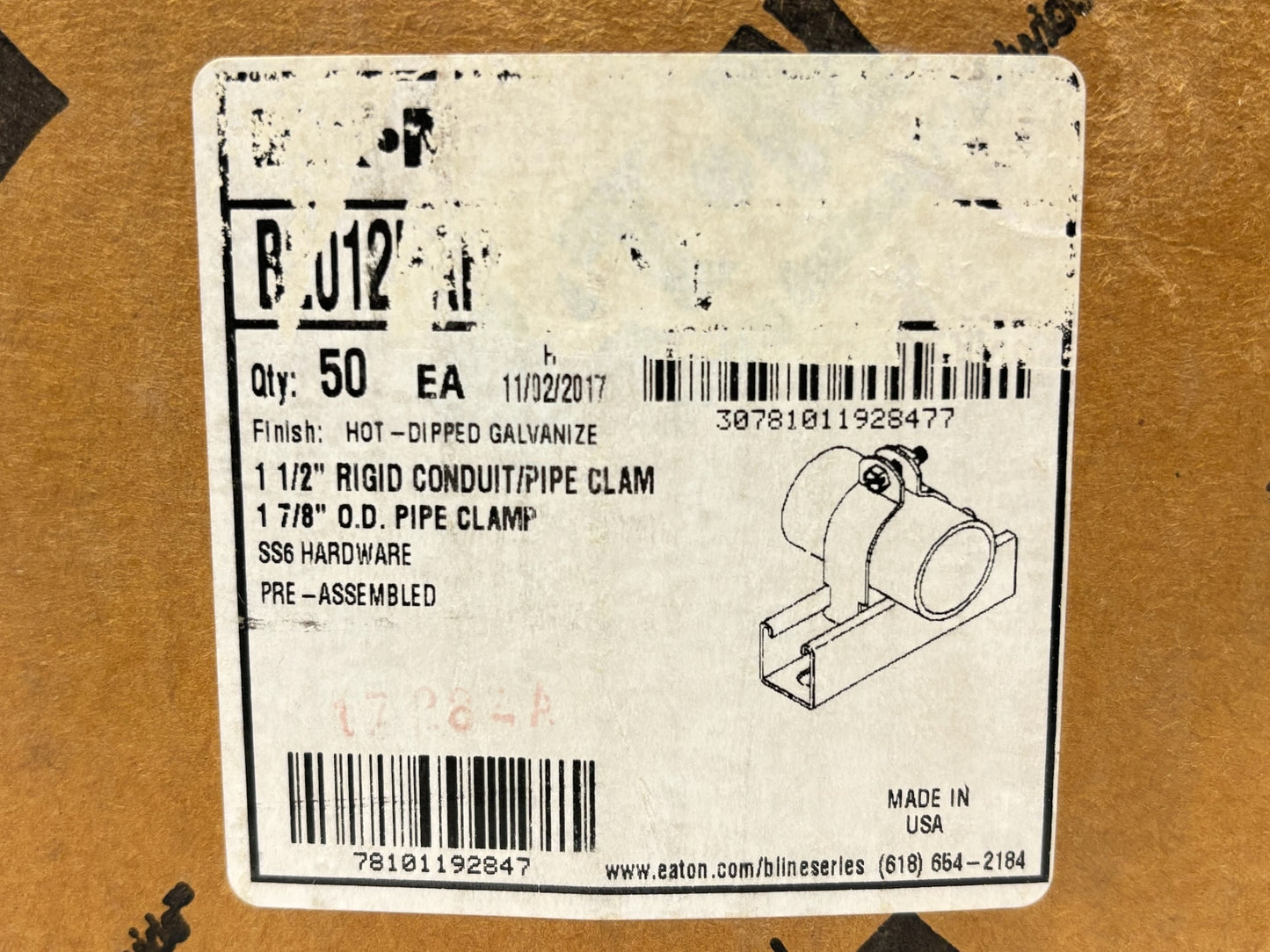 50 PK B‑Line B2012 1½″ Rigid Conduit Clamp, Steel or Aluminum