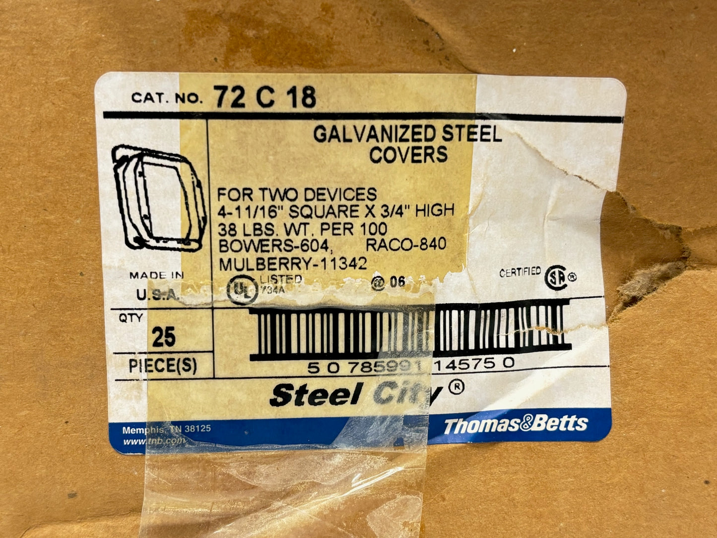 25 PK Steel City 72C18 2-Gang Square Device Cover, ¾" Raised, Steel