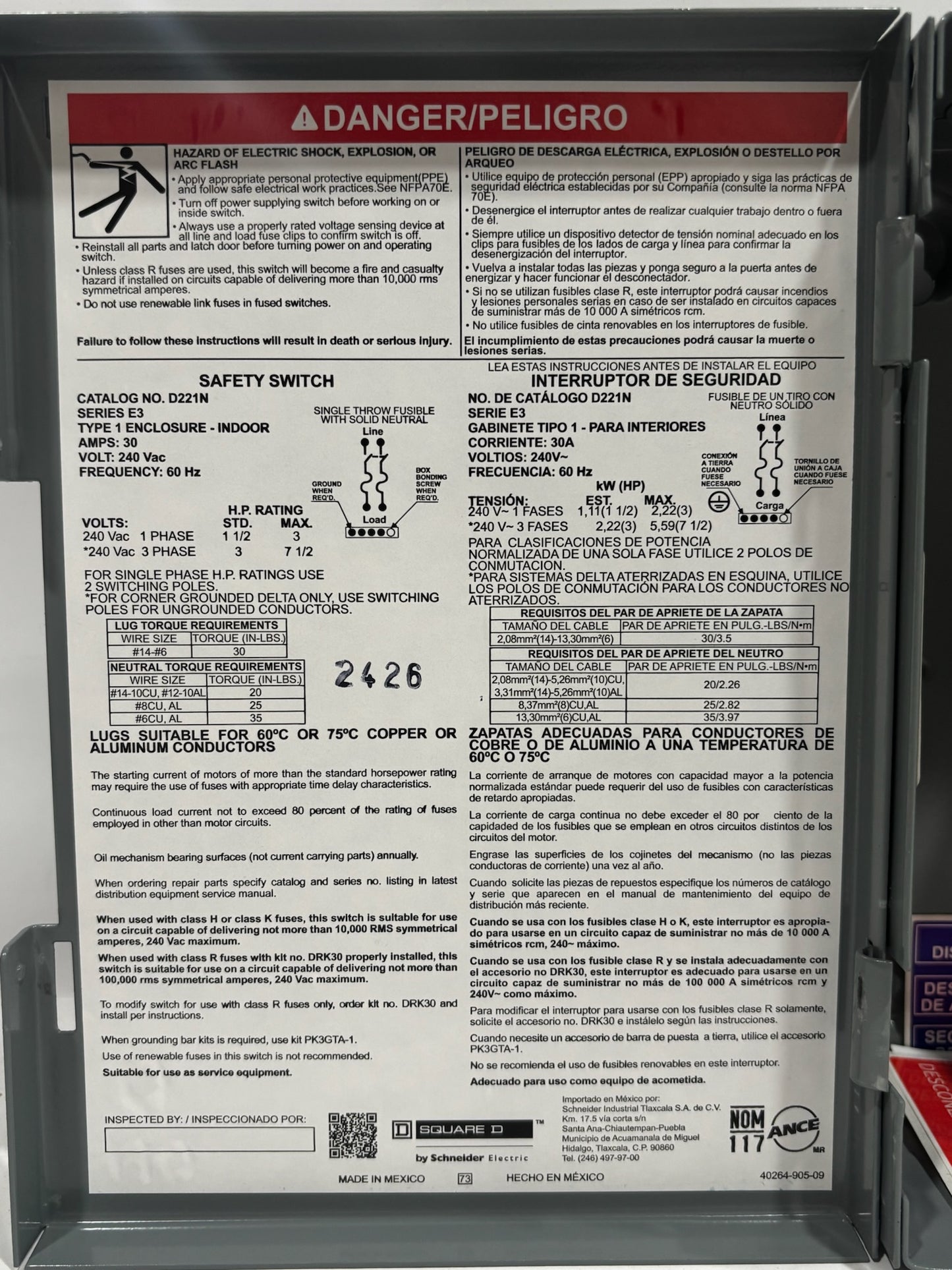 Square D D221N General Safety Switch, 2P3W, 30 A, 240 Vac No Box, With Minor Scratches
