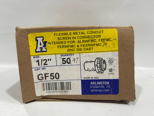 47 PC Arlington GF50 1/2" Flexible Metal Conduit Screw In Connector