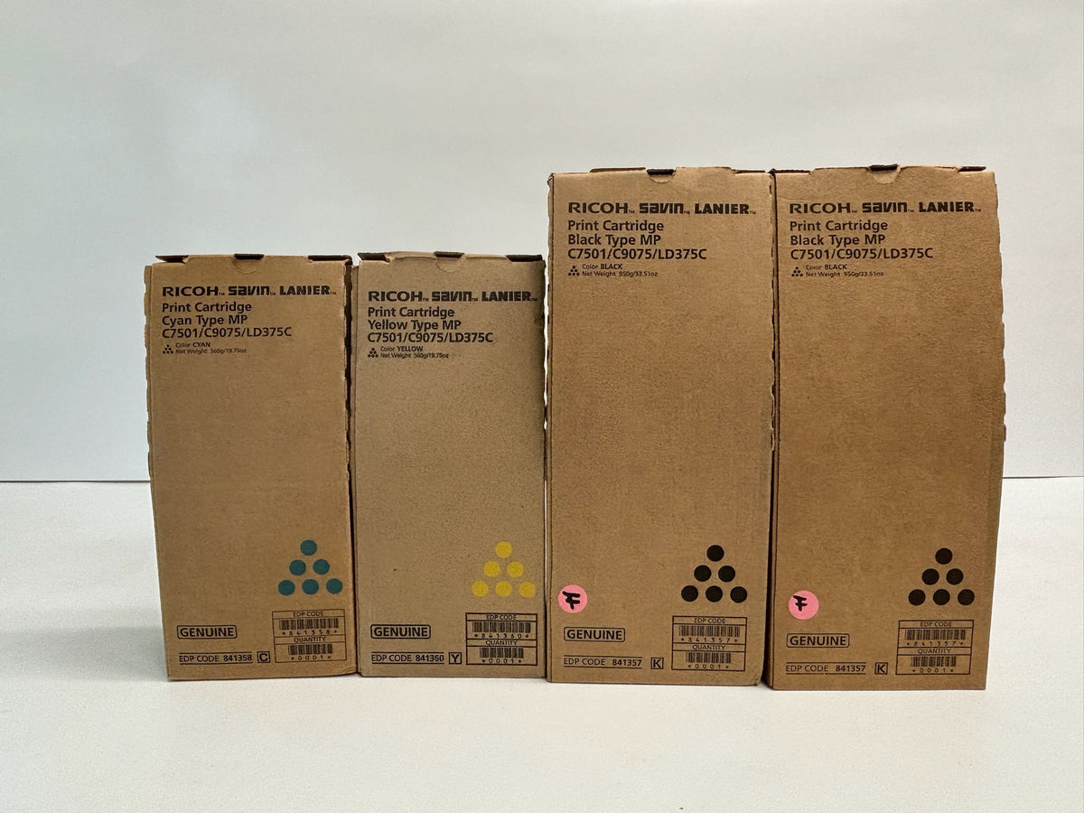 4 Genuine Ricoh C7501,C9075,LD375C Cyan, Yellow & Black Toners 841357, 841358, 841360