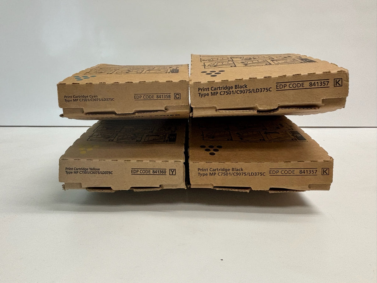 4 Genuine Ricoh C7501,C9075,LD375C Cyan, Yellow & Black Toners 841357, 841358, 841360