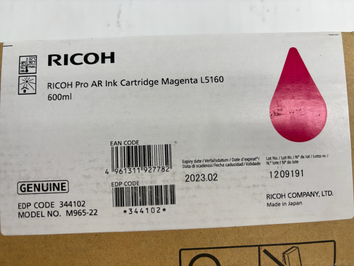 Genuine Ricoh Pro AR L5160 Magenta Ink M965-22,344102, 600ml (Exp: 02.2023)