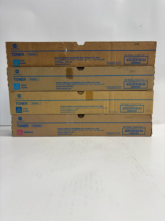 4 Genuine Konica Minolta BH C258,C308,C368 Cyan & Mag Toners TN324C,TN324AM