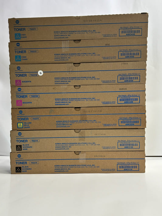 7 New Genuine Konica Minolta BizHub C227,C287 TN221 CCMMYKK Toners TN221