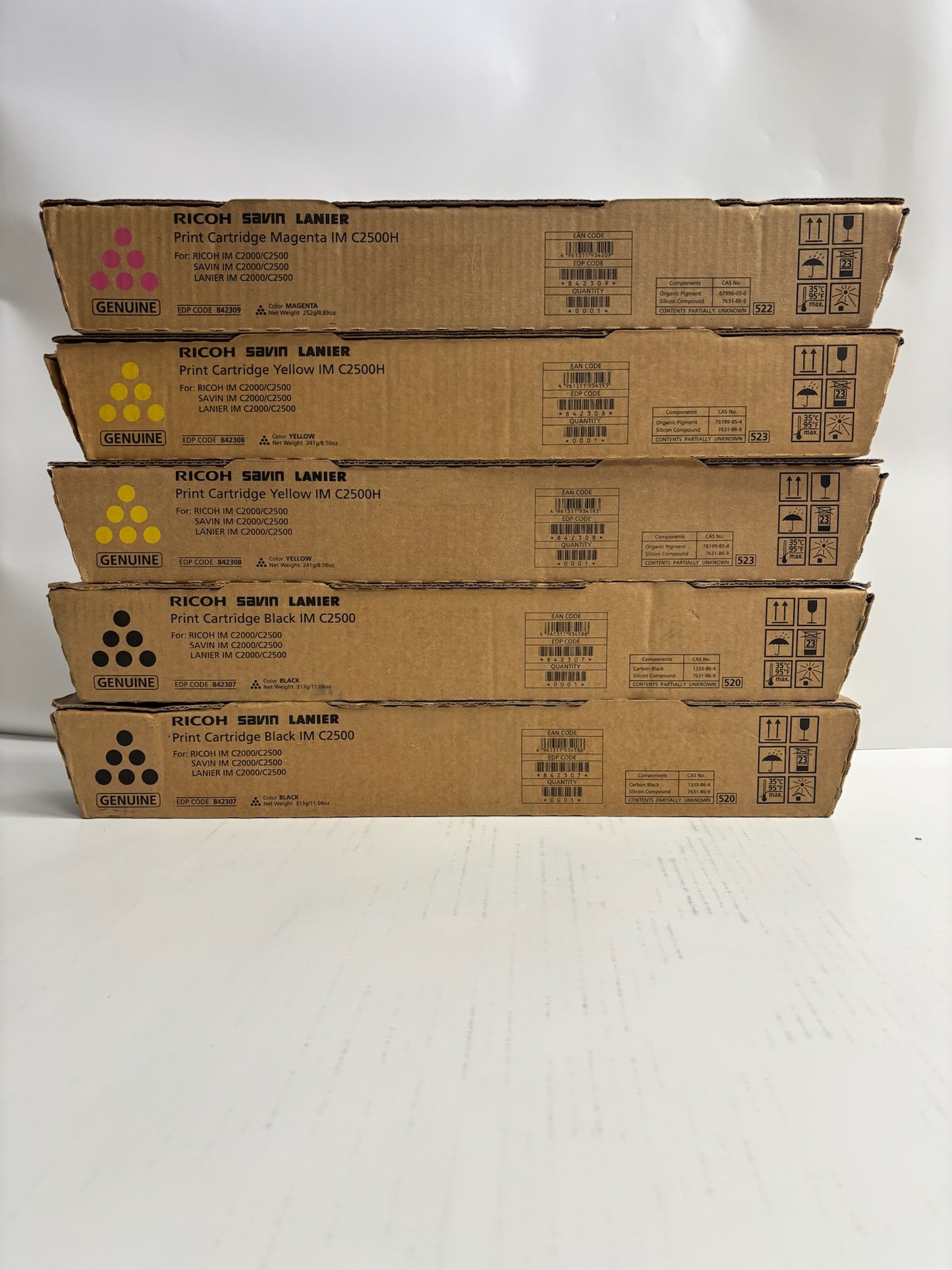 5 Genuine Ricoh IM C2500H, IM C2000 MYYKK Toners 842307,842308,842309 (No Cyan)