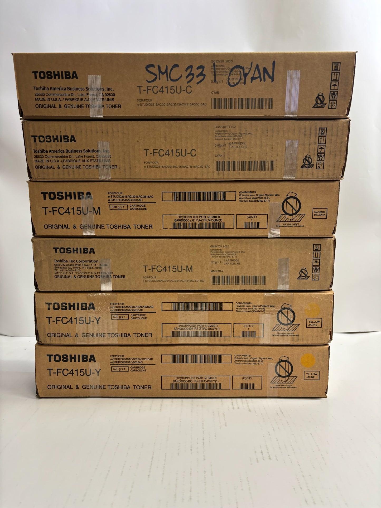 6 New Genuine Toshiba E Studio 2515AC,3015AC CCMMYY Toners T-FC415U (No Black)