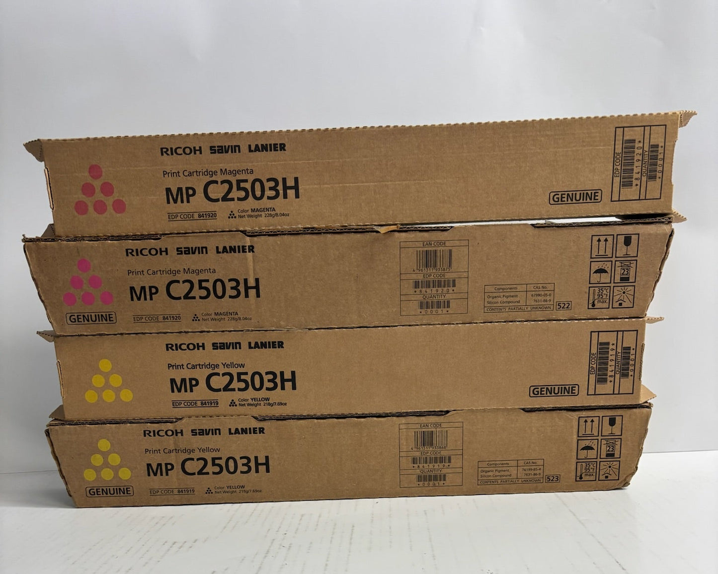 4 Genuine Ricoh MP C2503H, C2003 Magenta & Yellow Toners 841919,841920