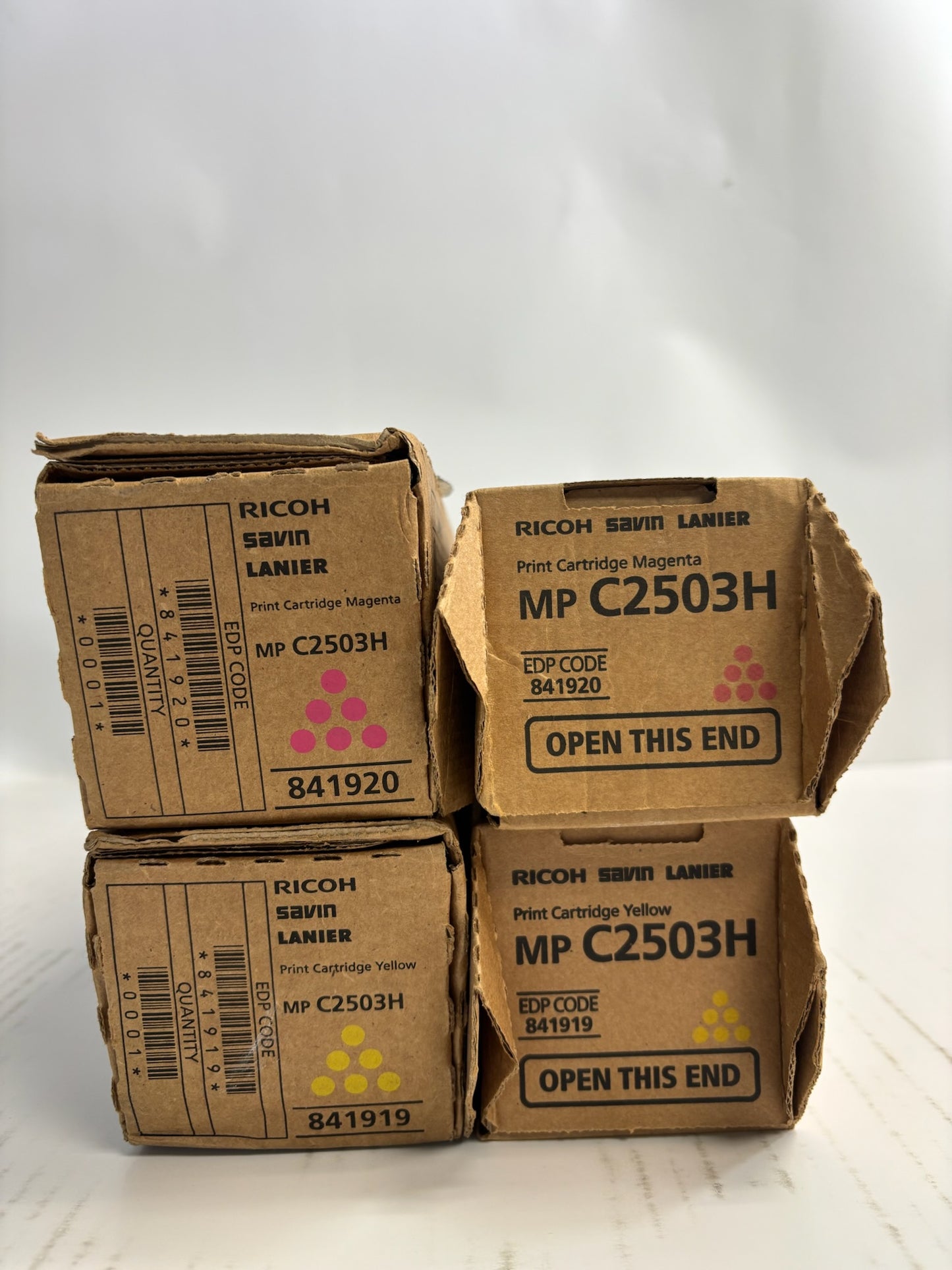 4 Genuine Ricoh MP C2503H, C2003 Magenta & Yellow Toners 841919,841920