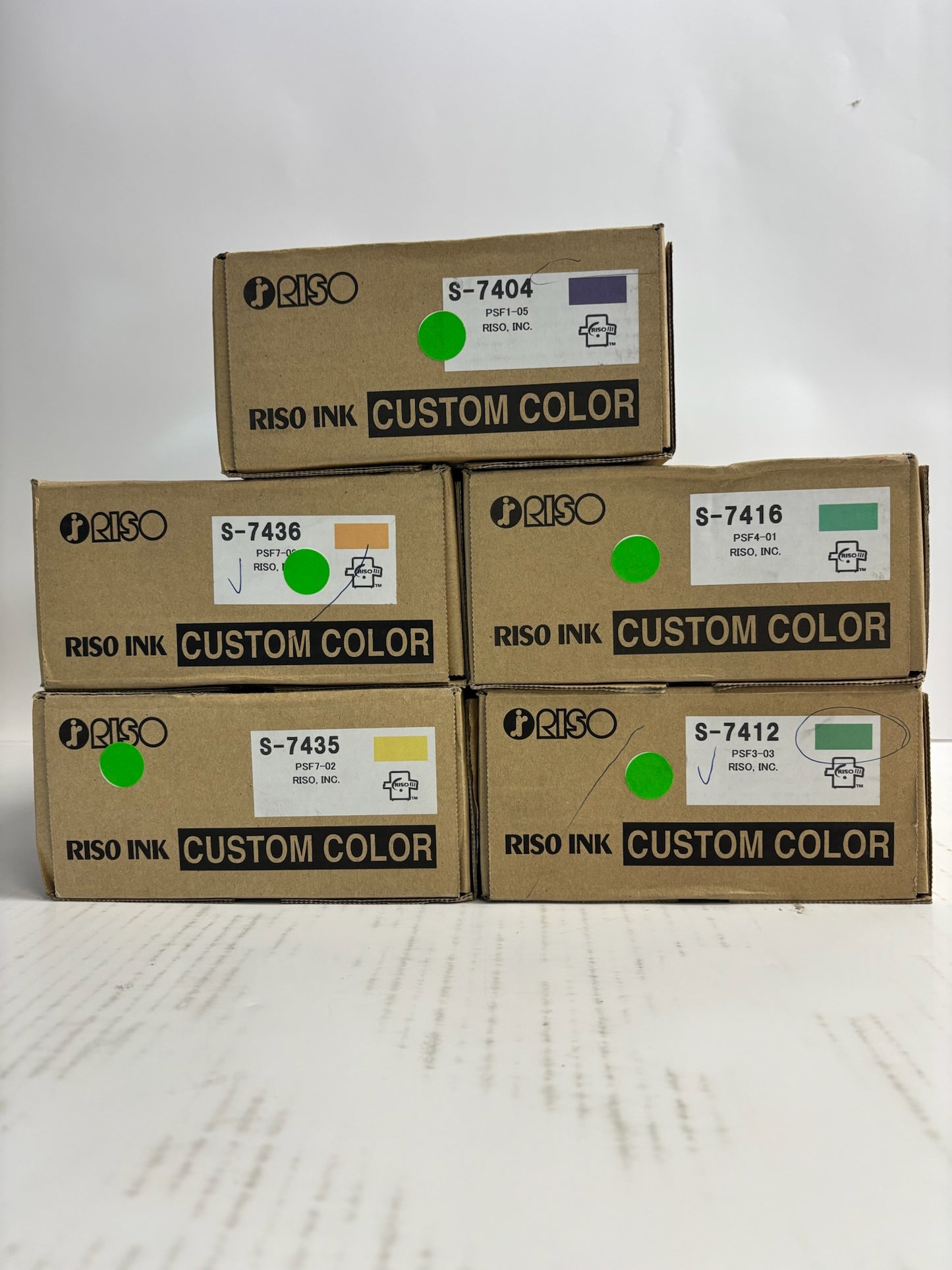 5 OEM Riso EZ 220,390 Y,PR,Ora,Green CustomColor Ink S-7404,12,16,35,36
