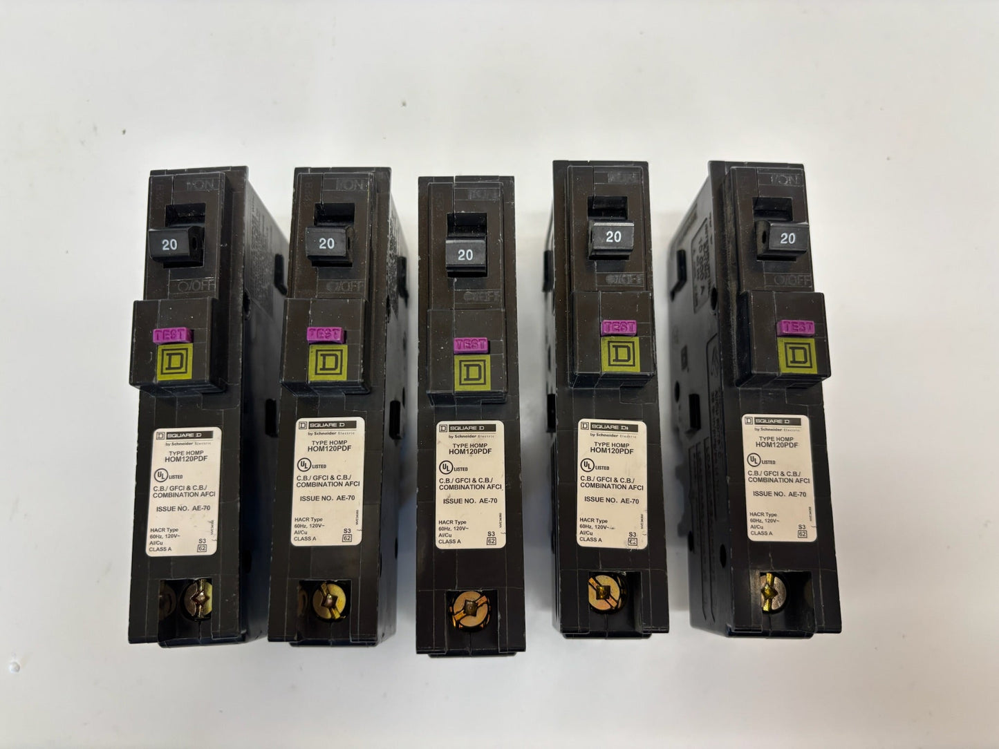 5 PK Square D HOM120PDF Single Pole Circuit Breaker 20A 60hz, 120V (NO Original Box)