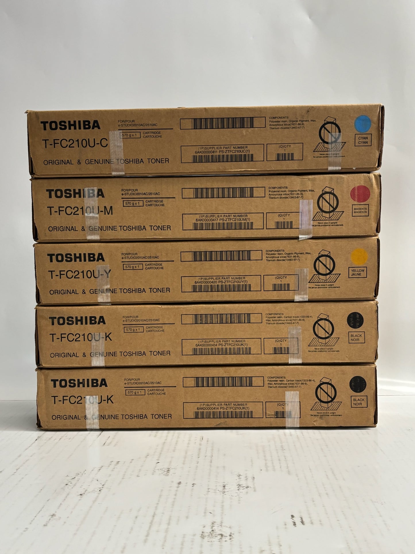 5 Genuine Toshiba eStudio 2010AC,2510AC CMYKK Toners T-FC210U(Same Day Shipping)