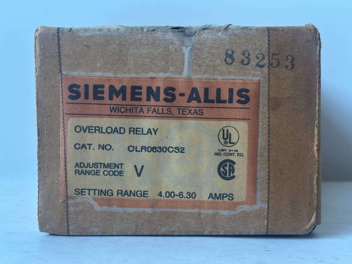 Siemens-Allis OLR0630CS2 Overload Relay, 4–6.3A, 600V, Class 10