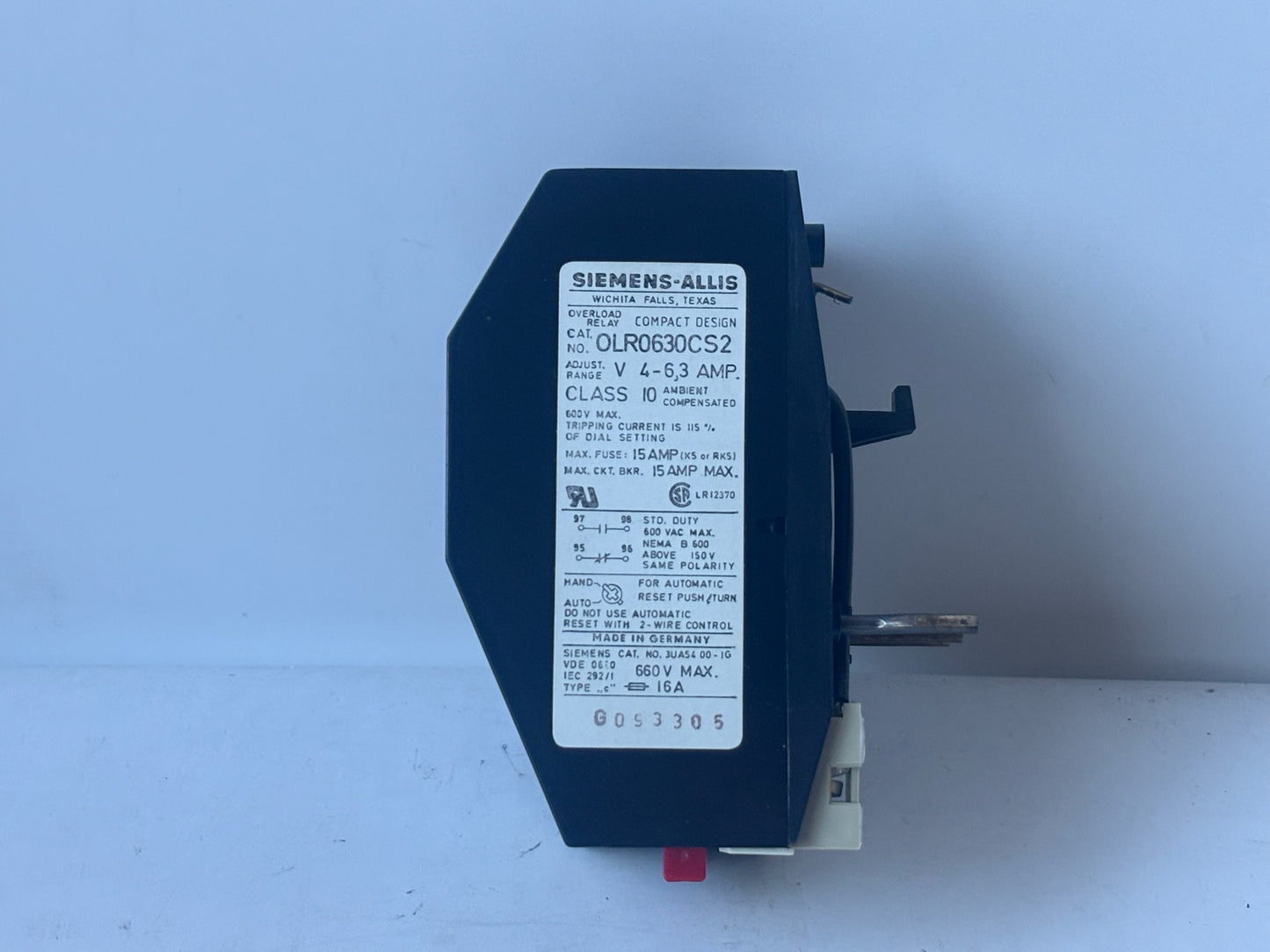 Siemens-Allis OLR0630CS2 Overload Relay, 4–6.3A, 600V, Class 10