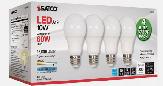 3 Pack SATCO A19 LED Bulbs (S28563) 10W, E26 Base, 90CRI, 12 Bulbs Total