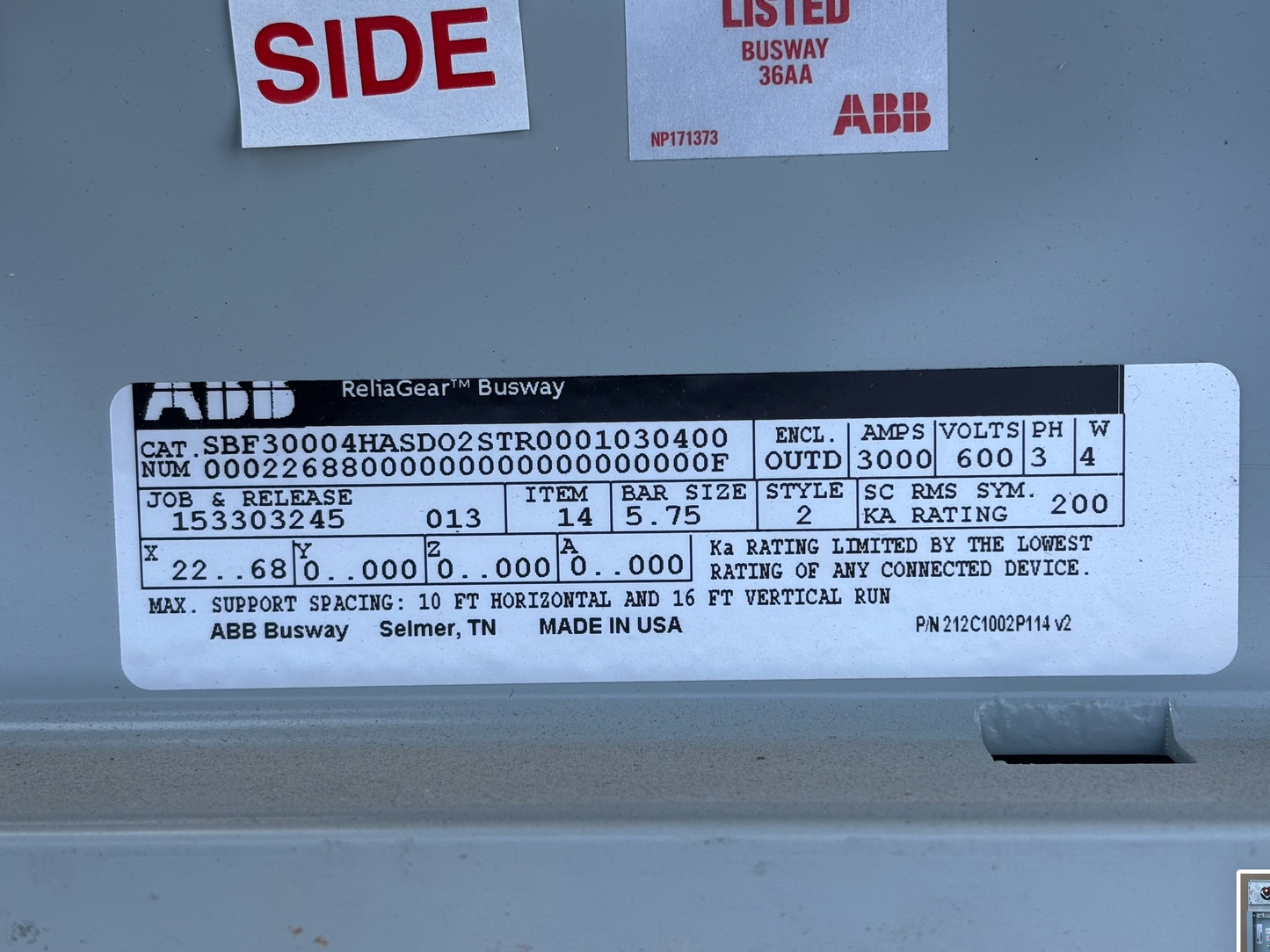 ABB ReliaGear Busway 3000 AMPS 600VOLTS PH3 W4 Bus Duct