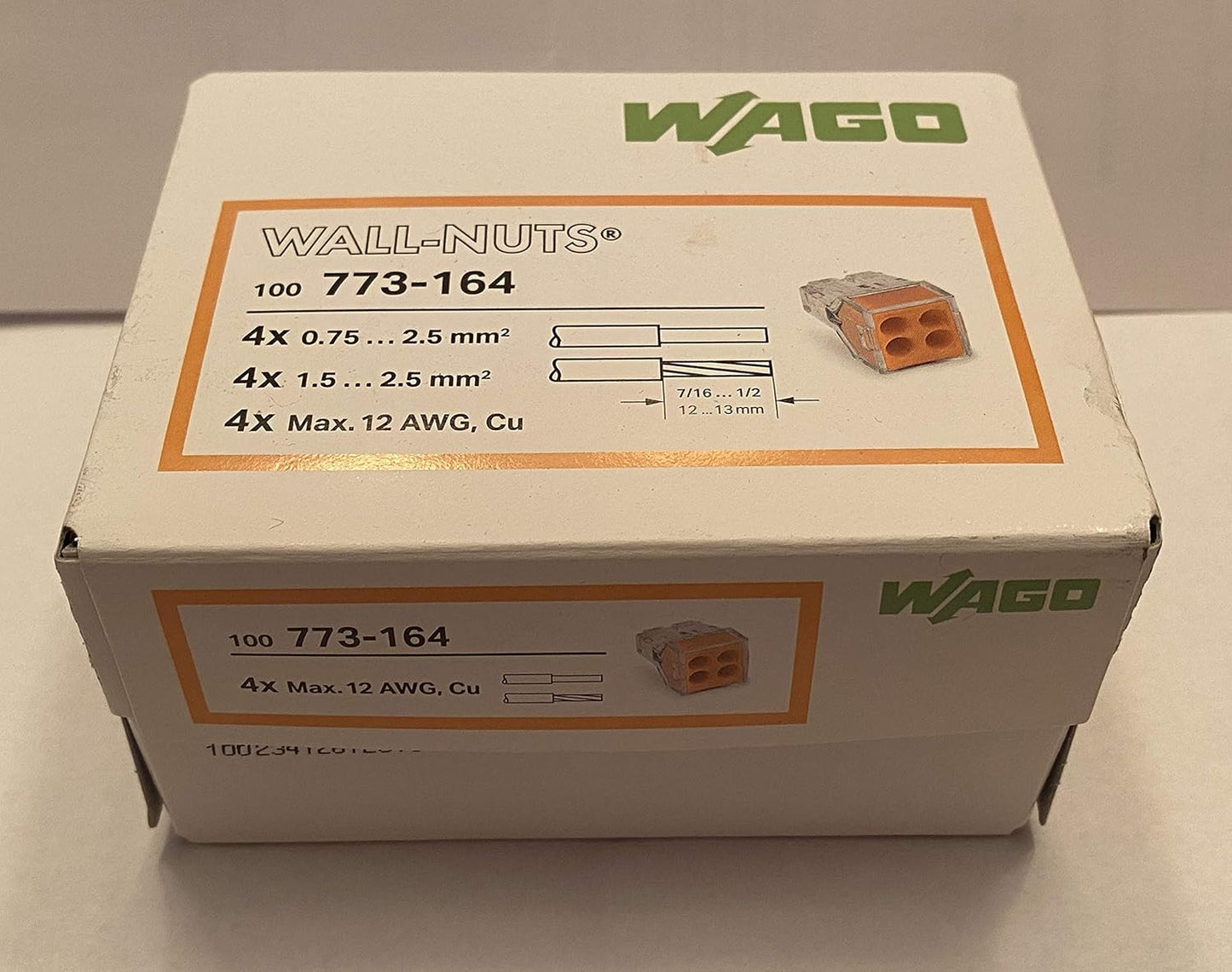 WAGO (773-164) Wall Nuts, For Solid and Stranded Conductors, 4-Conductor, Transparent Housing, Lot of 2 (100pc per Box)