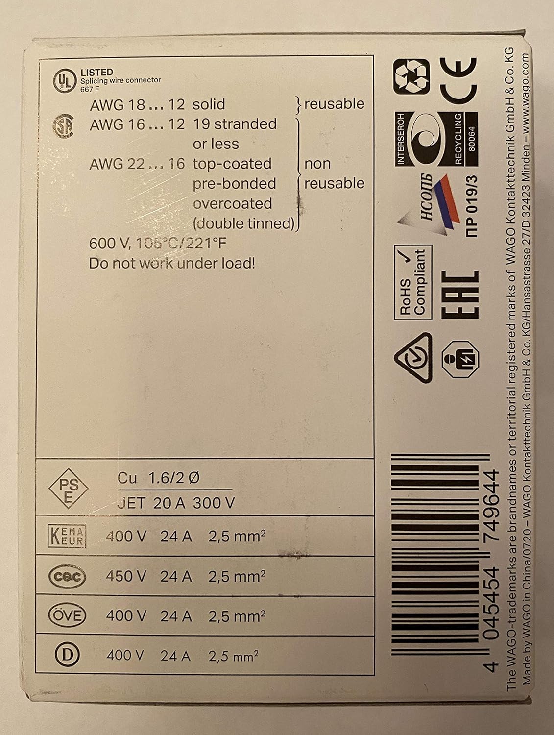WAGO (773-164) Wall Nuts, For Solid and Stranded Conductors, 4-Conductor, Transparent Housing, Lot of 2 (100pc per Box)